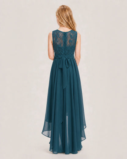 Teal Junior Bridesmaid Dress Lace Bodice Asymmetrical Chiffon Floor-Length Gown Back View