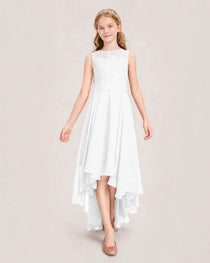 White Junior Bridesmaid Dress Lace Bodice Asymmetrical Chiffon Floor-Length Gown Front View