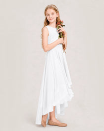 White Junior Bridesmaid Dress Lace Bodice Asymmetrical Chiffon Floor-Length Gown Side View