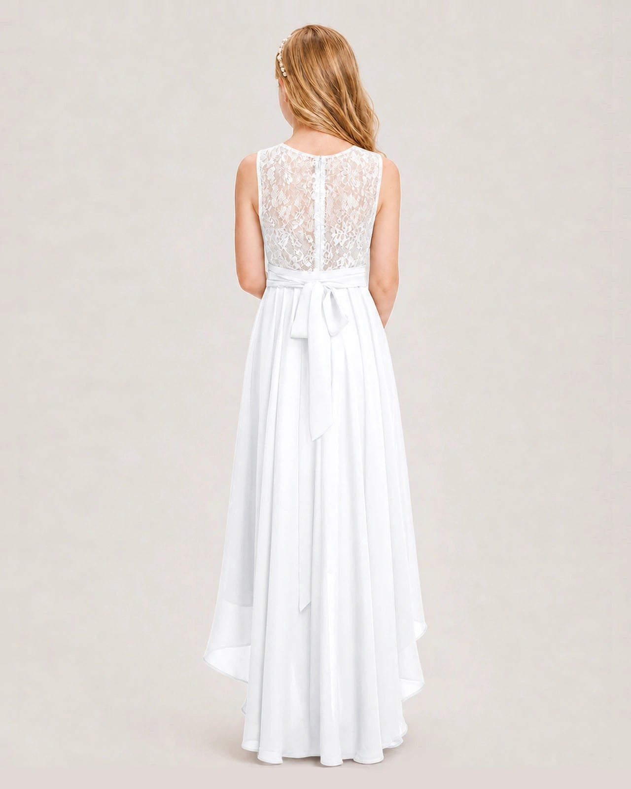 White Junior Bridesmaid Dress Lace Bodice Asymmetrical Chiffon Floor-Length Gown Back View