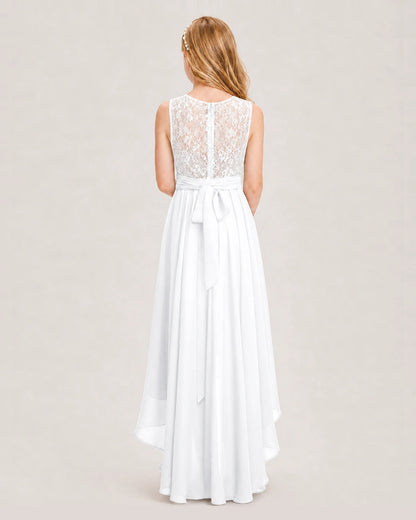 White Junior Bridesmaid Dress Lace Bodice Asymmetrical Chiffon Floor-Length Gown Back View
