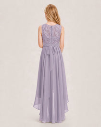 Wisteria Junior Bridesmaid Dress Lace Bodice Asymmetrical Chiffon Floor-Length Gown Back View