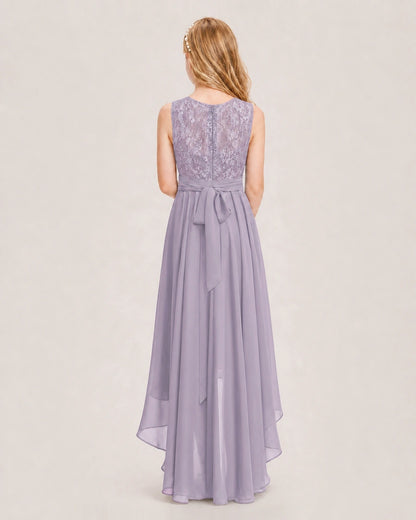 Wisteria Junior Bridesmaid Dress Lace Bodice Asymmetrical Chiffon Floor-Length Gown Back View