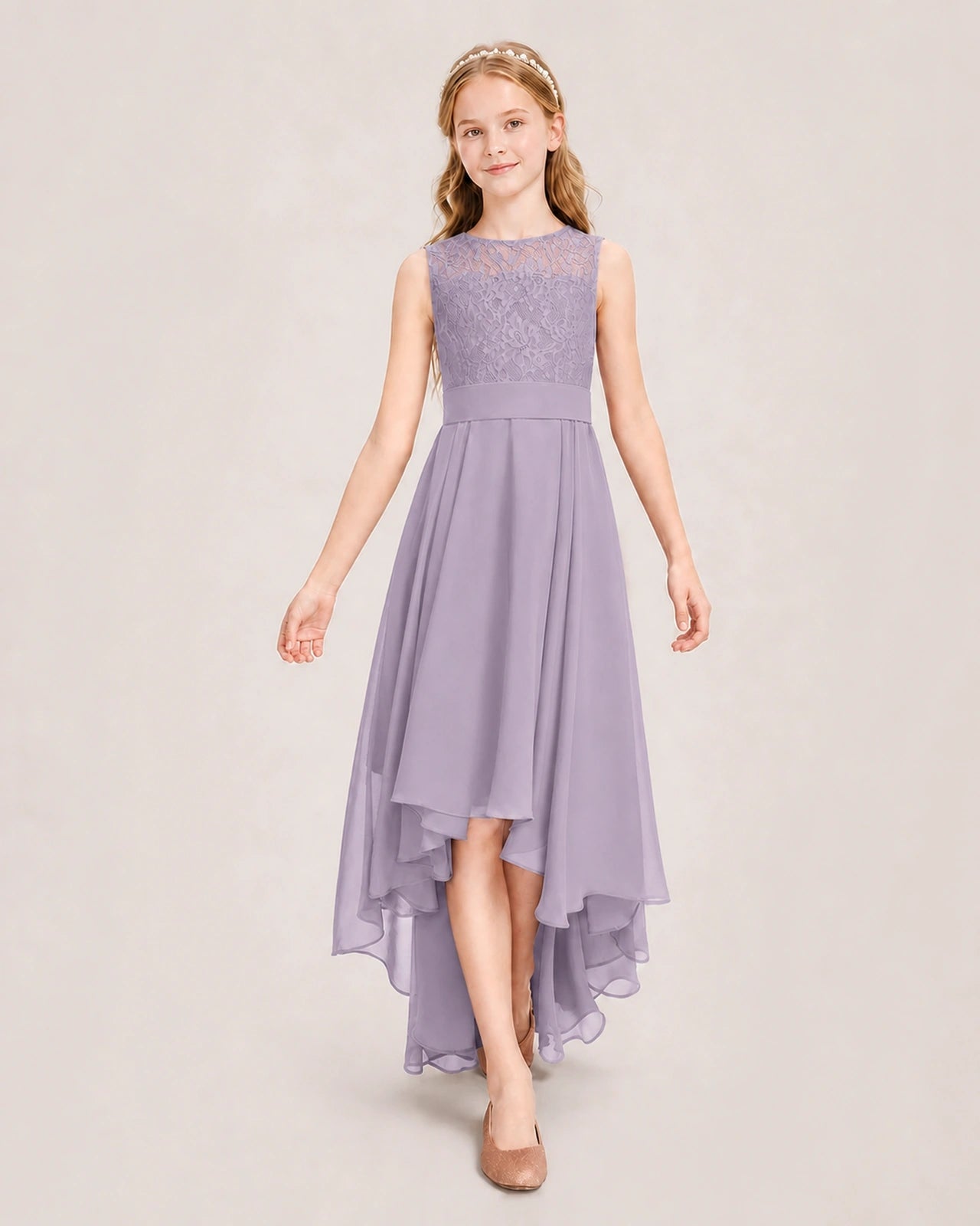 Wisteria Junior Bridesmaid Dress Lace Bodice Asymmetrical Chiffon Floor-Length Gown Front View