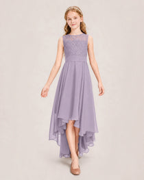Wisteria Junior Bridesmaid Dress Lace Bodice Asymmetrical Chiffon Floor-Length Gown Front View