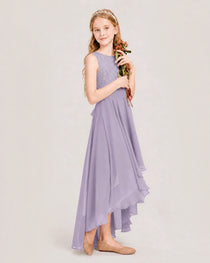 Wisteria Junior Bridesmaid Dress Lace Bodice Asymmetrical Chiffon Floor-Length Gown Side View