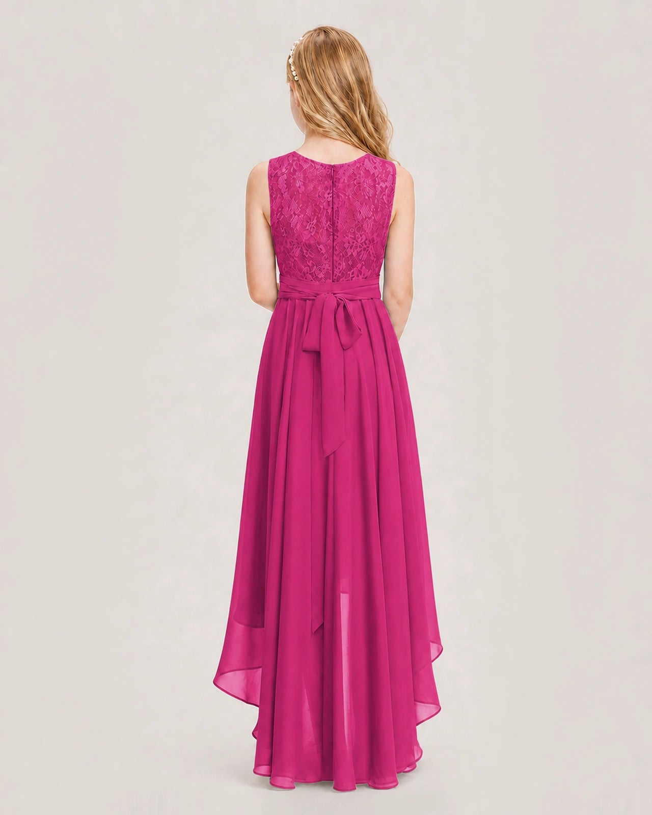 Hot Pink Junior Bridesmaid Dress Lace Bodice Asymmetrical Chiffon Floor-Length Gown Back View