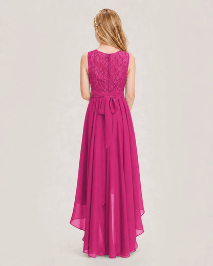 Hot Pink Junior Bridesmaid Dress Lace Bodice Asymmetrical Chiffon Floor-Length Gown Back View