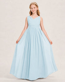 Baby Blue Junior Bridesmaid Dress Ruched V-Neck Pleated Waist Chiffon Floor-Length Gown Front View