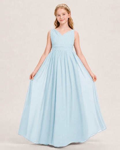 Baby Blue Junior Bridesmaid Dress Ruched V-Neck Pleated Waist Chiffon Floor-Length Gown Front View
