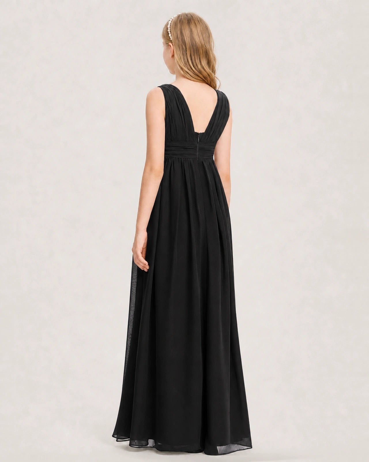 Black Junior Bridesmaid Dress Ruched V-Neck Pleated Waist Chiffon Floor-Length Gown BackView