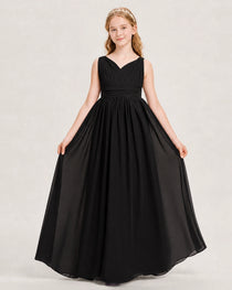 Black Junior Bridesmaid Dress Ruched V-Neck Pleated Waist Chiffon Floor-Length Gown Front View