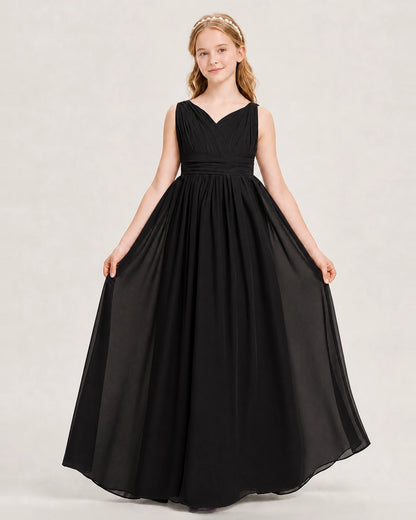 Black Junior Bridesmaid Dress Ruched V-Neck Pleated Waist Chiffon Floor-Length Gown Front View