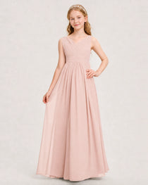 Blush Pink Junior Bridesmaid Dress Ruched V-Neck Pleated Waist Chiffon Floor-Length Gown Front View