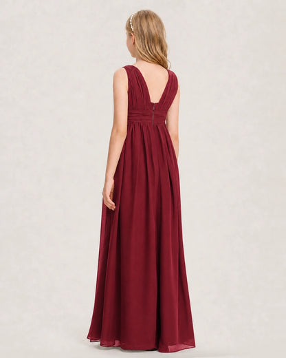 Burgundy Junior Bridesmaid Dress Ruched V-Neck Pleated Waist Chiffon Floor-Length Gown Back View