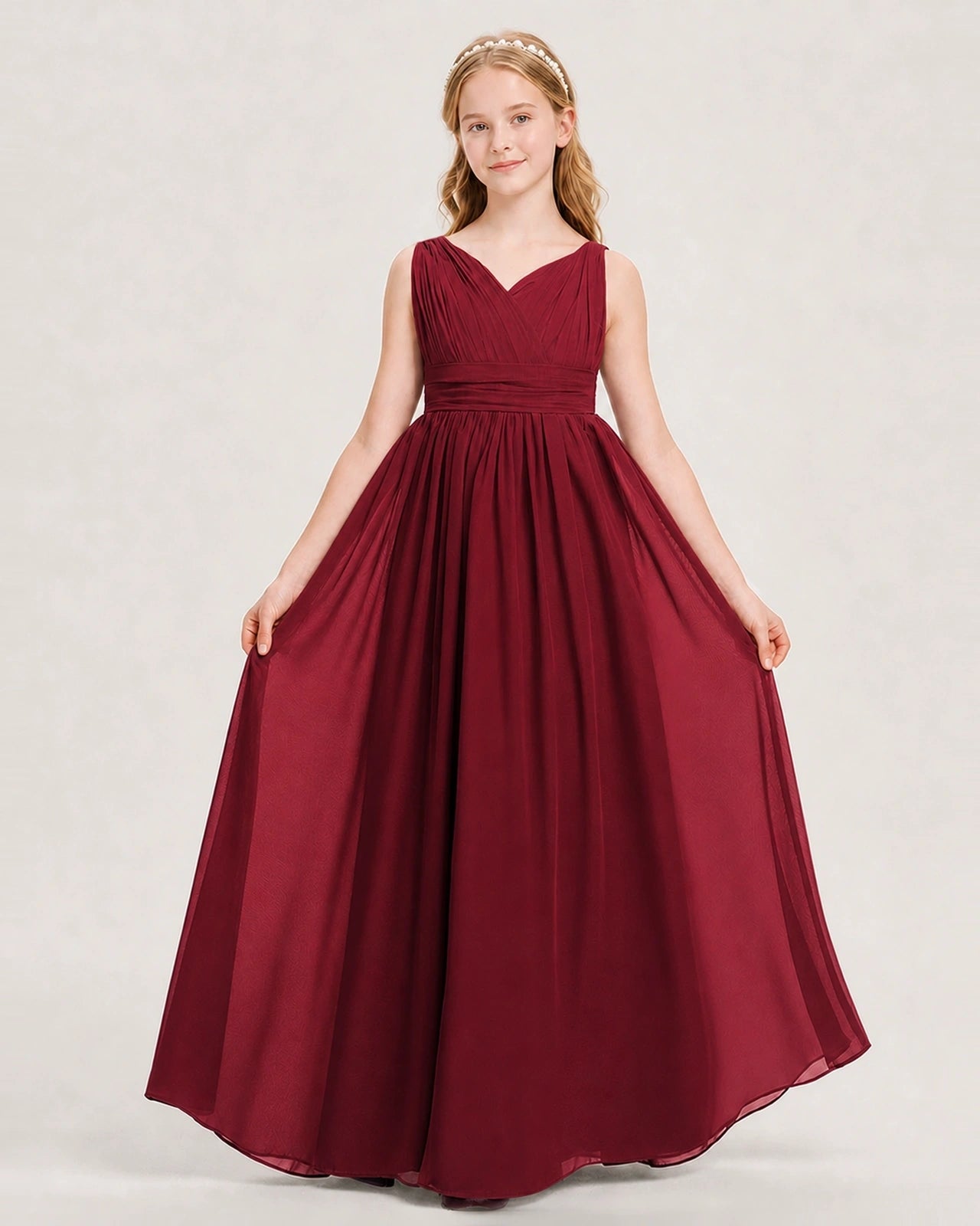 Burgundy Junior Bridesmaid Dress Ruched V-Neck Pleated Waist Chiffon Floor-Length Gown Front View