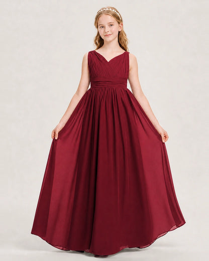 Burgundy Junior Bridesmaid Dress Ruched V-Neck Pleated Waist Chiffon Floor-Length Gown Front View