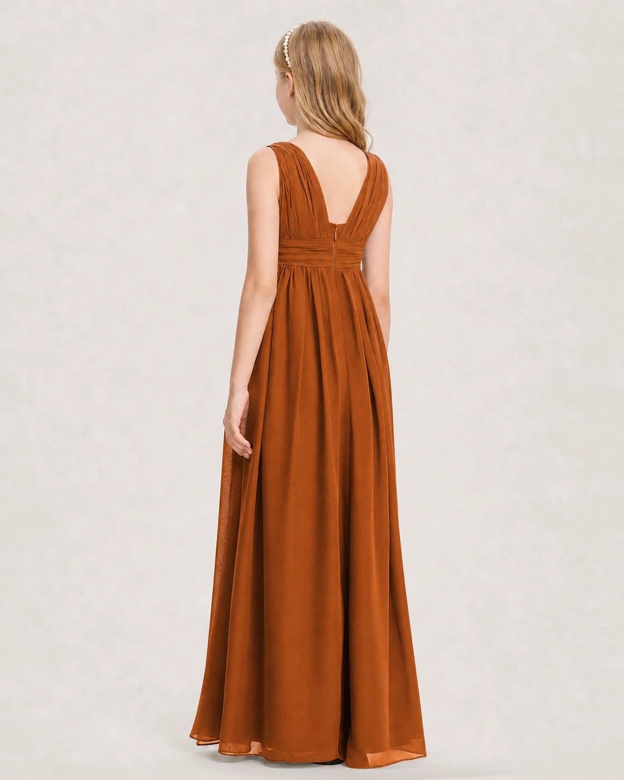 Burnt Orange Junior Bridesmaid Dress Ruched V-Neck Pleated Waist Chiffon Floor-Length Gown Back View