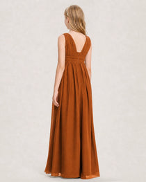 Burnt Orange Junior Bridesmaid Dress Ruched V-Neck Pleated Waist Chiffon Floor-Length Gown Back View