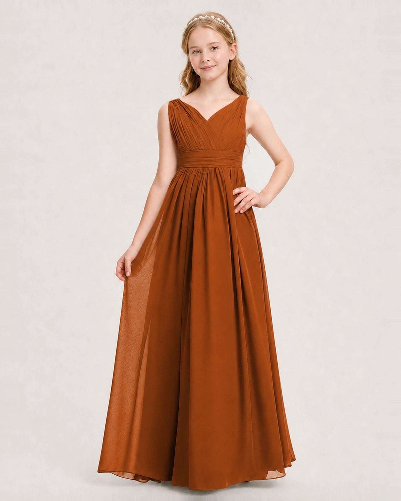 Burnt Orange Junior Bridesmaid Dress Ruched V-Neck Pleated Waist Chiffon Floor-Length Gown Front View