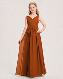 Burnt Orange Junior Bridesmaid Dress Ruched V-Neck Pleated Waist Chiffon Floor-Length Gown Front View