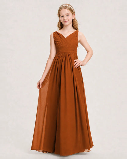 Burnt Orange Junior Bridesmaid Dress Ruched V-Neck Pleated Waist Chiffon Floor-Length Gown Front View
