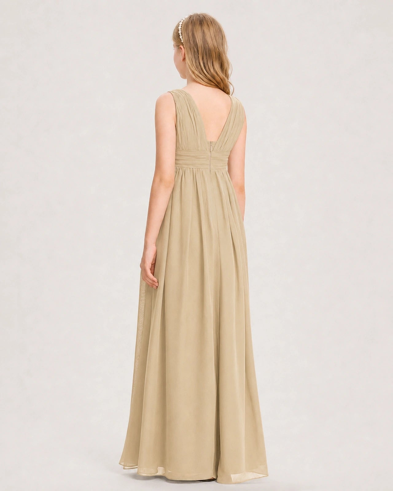 Champagne Junior Bridesmaid Dress Ruched V-Neck Pleated Waist Chiffon Floor-Length Gown Back View