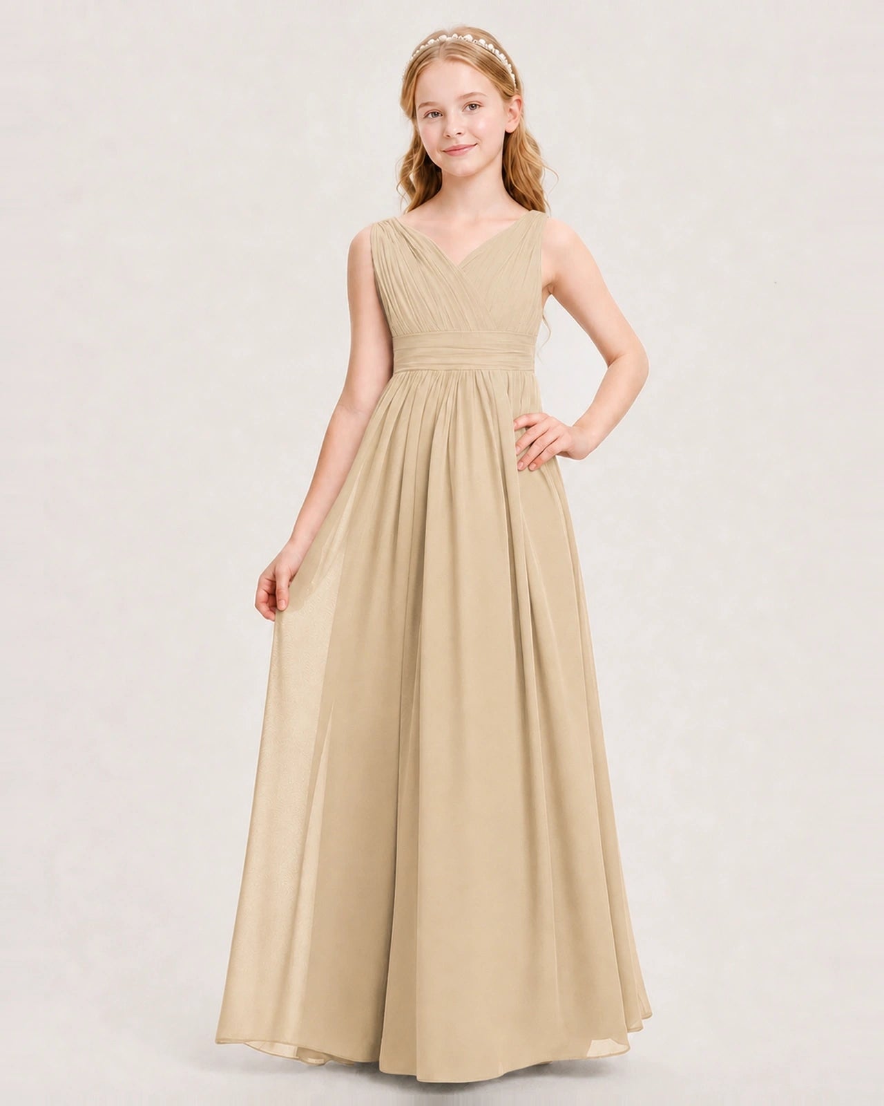 Champagne Junior Bridesmaid Dress Ruched V-Neck Pleated Waist Chiffon Floor-Length Gown Front View