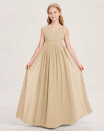 Champagne Junior Bridesmaid Dress Ruched V-Neck Pleated Waist Chiffon Floor-Length Gown Front View