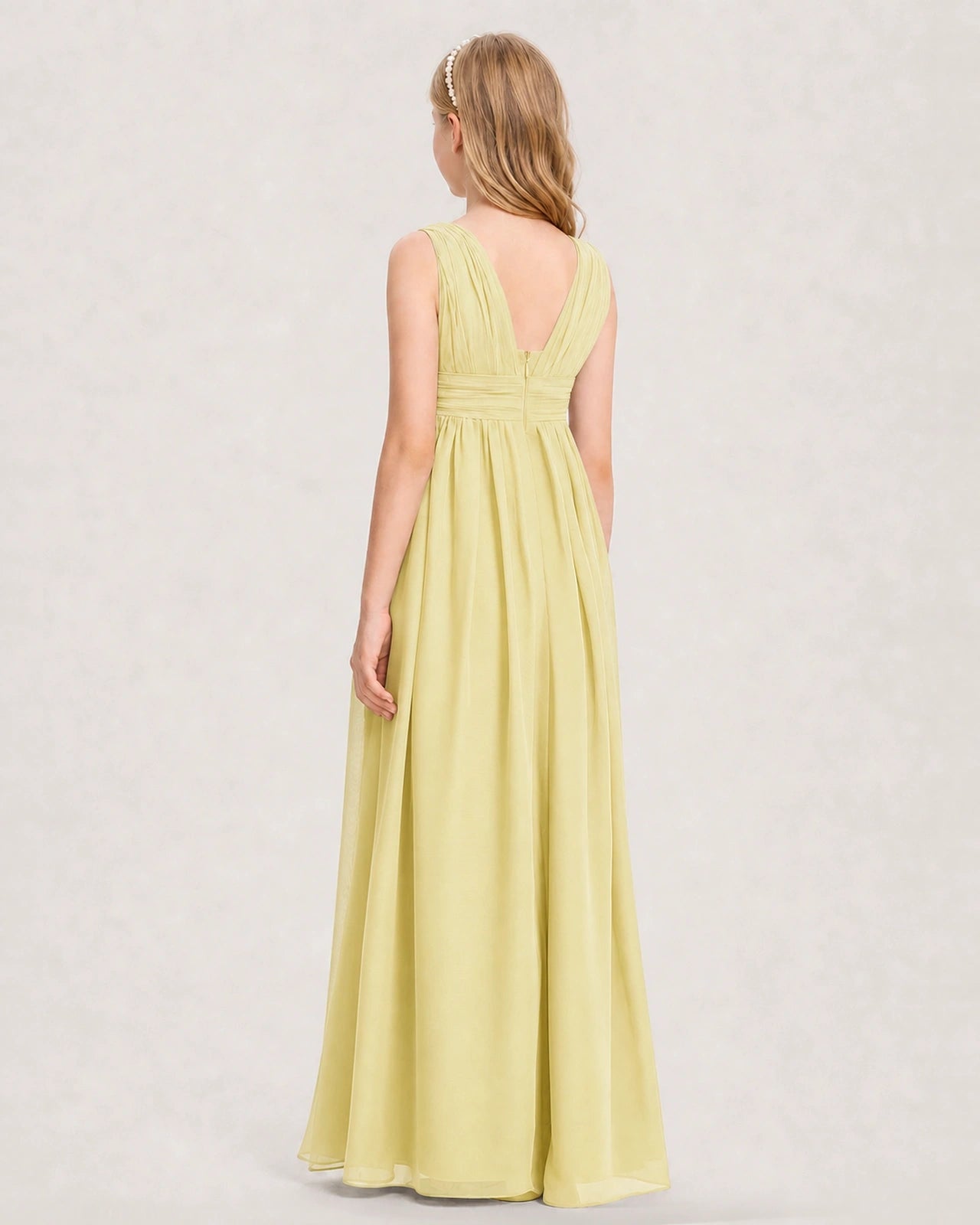 Daffodil Junior Bridesmaid Dress Ruched V-Neck Pleated Waist Chiffon Floor-Length Gown Back View