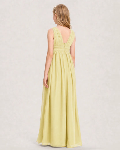 Daffodil Junior Bridesmaid Dress Ruched V-Neck Pleated Waist Chiffon Floor-Length Gown Back View