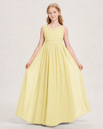 Daffodil Junior Bridesmaid Dress Ruched V-Neck Pleated Waist Chiffon Floor-Length Gown Front View