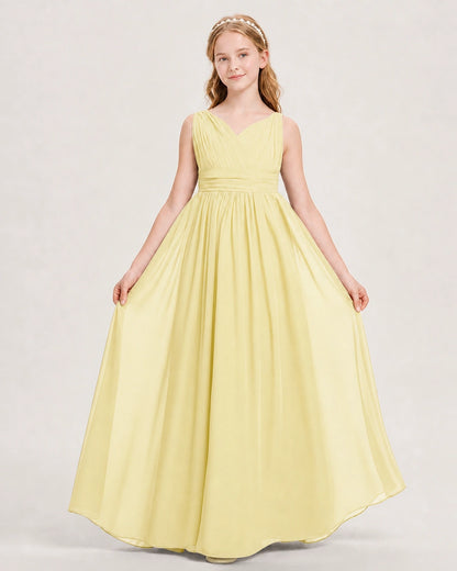 Daffodil Junior Bridesmaid Dress Ruched V-Neck Pleated Waist Chiffon Floor-Length Gown Front View