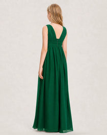 Dark Green Junior Bridesmaid Dress Ruched V-Neck Pleated Waist Chiffon Floor-Length Gown Back View
