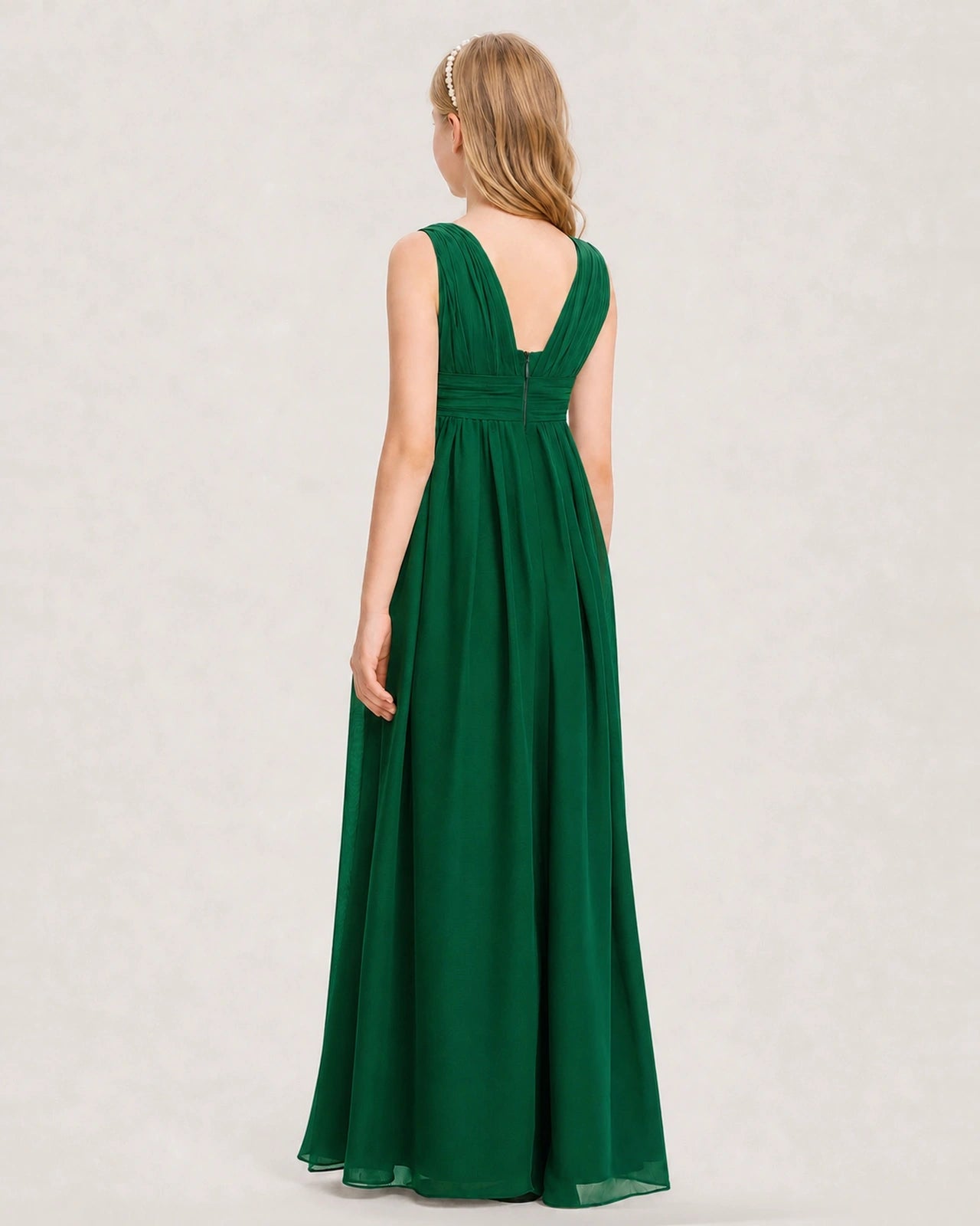 Dark Green Junior Bridesmaid Dress Ruched V-Neck Pleated Waist Chiffon Floor-Length Gown Back View