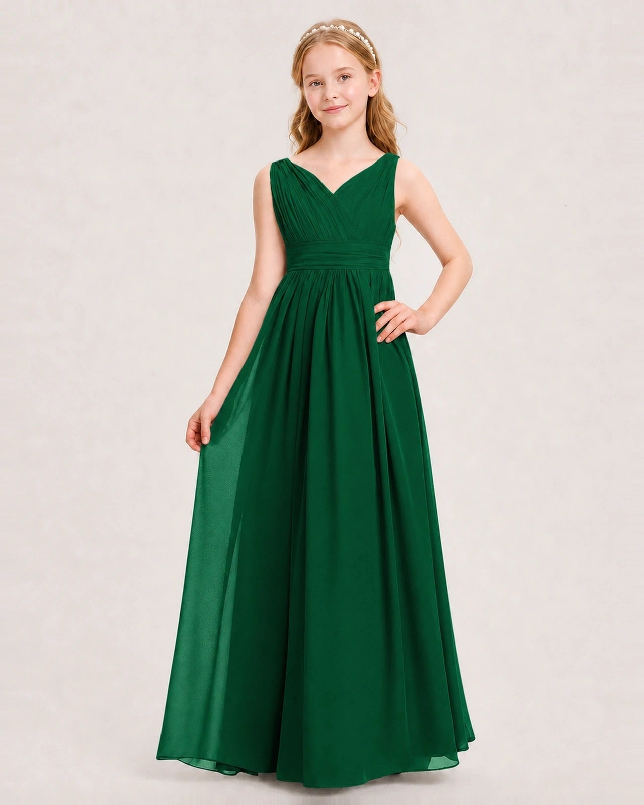 Dark Green Junior Bridesmaid Dress Ruched V-Neck Pleated Waist Chiffon Floor-Length Gown Front View