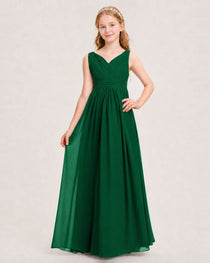 Dark Green Junior Bridesmaid Dress Ruched V-Neck Pleated Waist Chiffon Floor-Length Gown Front View