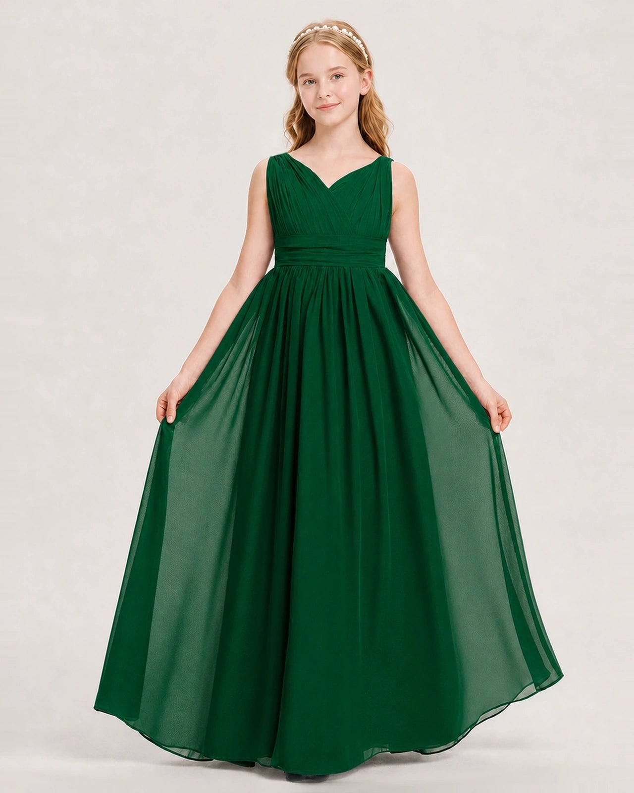 Dark Green Junior Bridesmaid Dress Ruched V-Neck Pleated Waist Chiffon Floor-Length Gown Front View