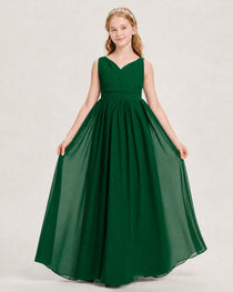 Dark Green Junior Bridesmaid Dress Ruched V-Neck Pleated Waist Chiffon Floor-Length Gown Front View