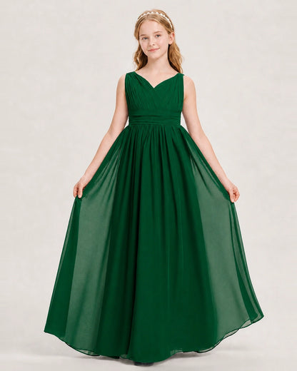 Dark Green Junior Bridesmaid Dress Ruched V-Neck Pleated Waist Chiffon Floor-Length Gown Front View