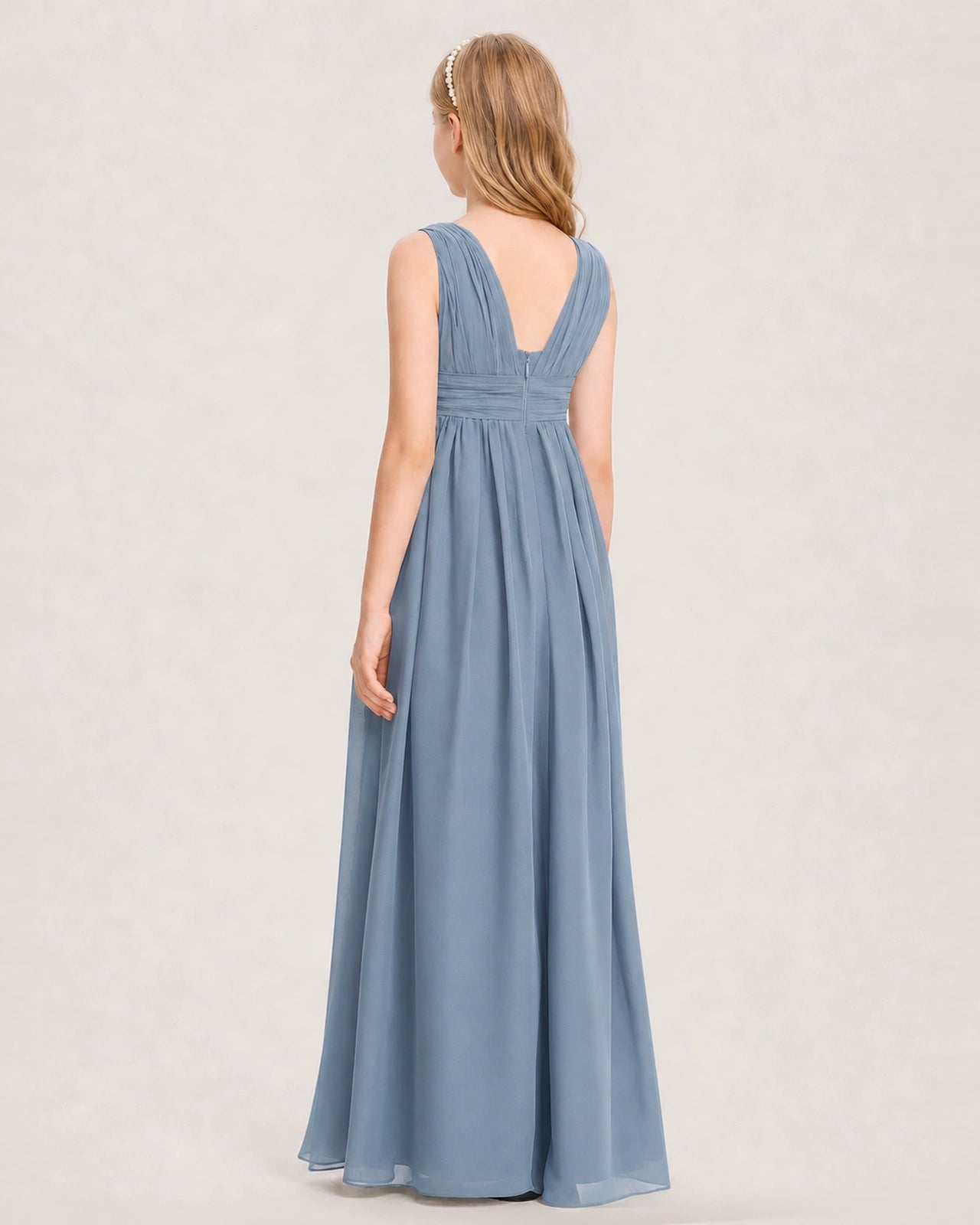 Dusty Blue Junior Bridesmaid Dress Ruched V-Neck Pleated Waist Chiffon Floor-Length Gown Back View