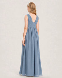 Dusty Blue Junior Bridesmaid Dress Ruched V-Neck Pleated Waist Chiffon Floor-Length Gown Back View