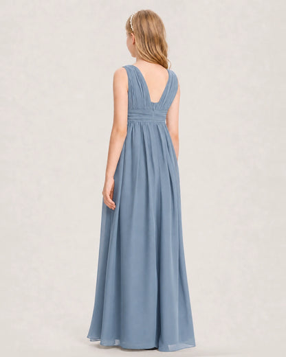 Dusty Blue Junior Bridesmaid Dress Ruched V-Neck Pleated Waist Chiffon Floor-Length Gown Back View