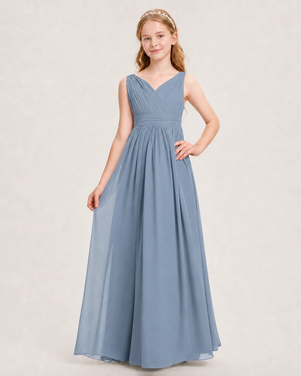 Dusty Blue Junior Bridesmaid Dress Ruched V-Neck Pleated Waist Chiffon Floor-Length Gown Front View