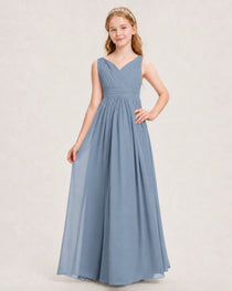 Dusty Blue Junior Bridesmaid Dress Ruched V-Neck Pleated Waist Chiffon Floor-Length Gown Front View