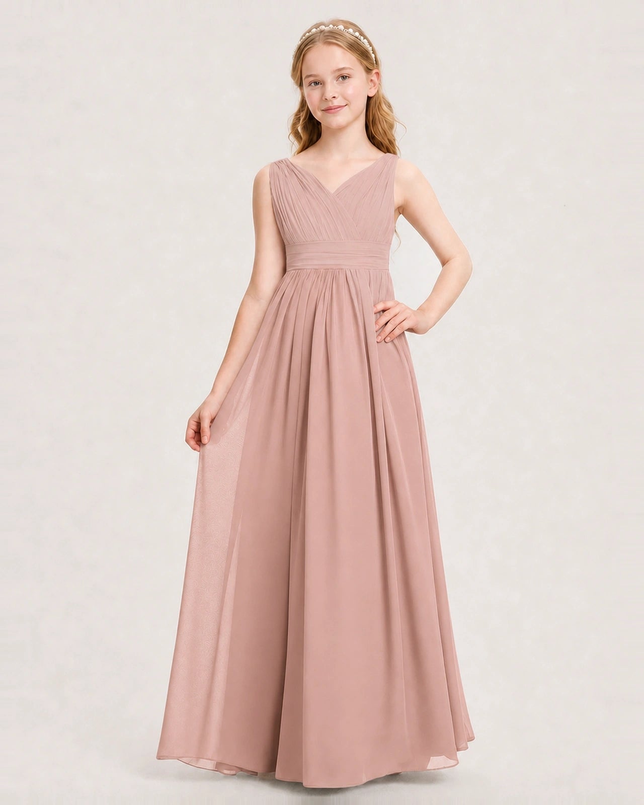 Dusty Rose Junior Bridesmaid Dress Ruched V-Neck Pleated Waist Chiffon Floor-Length Gown Front View
