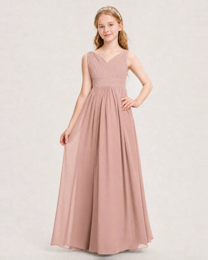 Dusty Rose Junior Bridesmaid Dress Ruched V-Neck Pleated Waist Chiffon Floor-Length Gown Front View