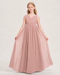 Dusty Rose Junior Bridesmaid Dress Ruched V-Neck Pleated Waist Chiffon Floor-Length Gown Front View