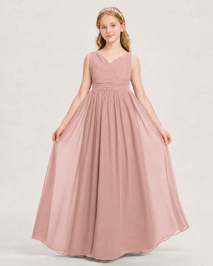 Dusty Rose Junior Bridesmaid Dress Ruched V-Neck Pleated Waist Chiffon Floor-Length Gown Front View