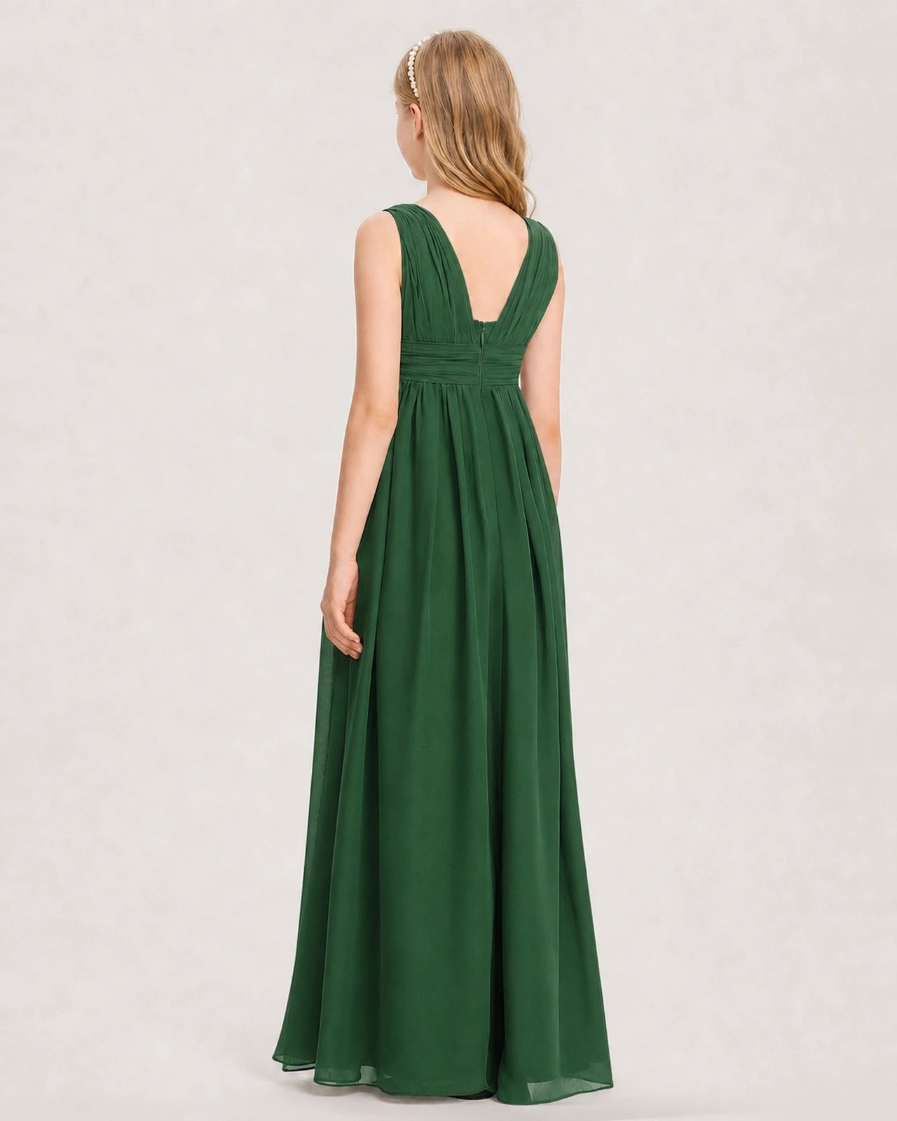 Emerald Green Junior Bridesmaid Dress Ruched V-Neck Pleated Waist Chiffon Floor-Length Gown Back View